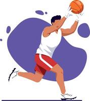 Basketball player shooting orange ball in dynamic pose with purple background illustration vector