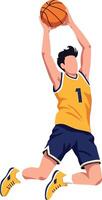 Basketball player dunking ball in yellow jersey and blue shorts illustration vector