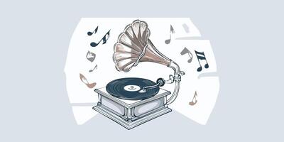 An illustration of a gramophone with music notes vector