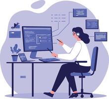 Female software developer programming at desktop computer with multiple code windows illustration vector