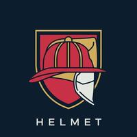 Helmet logo design featuring red and gold colors with protective face shield illustration vector