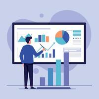 Businessman Analyzing Financial Charts and Graphs on Digital Screen Illustration vector