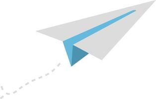 Paper airplane flying with blue accent and dotted trailing path illustration vector