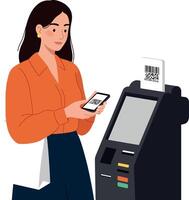 Woman using smartphone to scan QR code at payment kiosk in orange shirt illustration vector