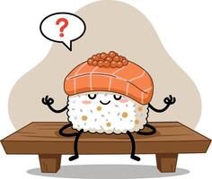 Sushi character meditating in zen pose with salmon and roe on wooden bench illustration vector