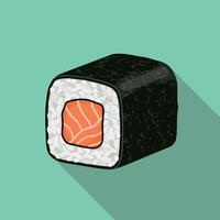Sushi Roll with Salmon Illustration on Green Background with Long Shadow vector