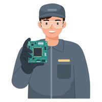 Technician holding electronic circuit board in uniform and gloves illustration vector