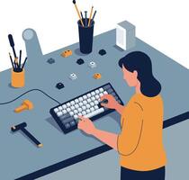 Woman assembling keyboard parts on workspace with tools and accessories in illustration vector