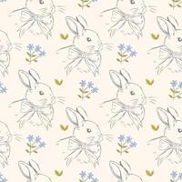 Seamless vintage pattern with hand drawn bunnies in bows and wildflowers on cream background vector