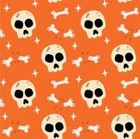Playful Halloween pattern featuring skulls and bones on a vibrant orange background with sparkles, perfect for spooky-themed designs vector