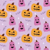 Fun Halloween pattern featuring colorful pumpkins with smiling faces and autumn leaves on a soft purple background, perfect for festive designs vector
