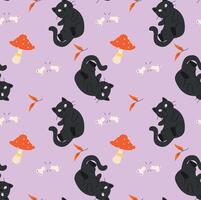 Cute Halloween pattern featuring playful black cats, mushrooms, bones, and autumn leaves on a soft purple background, perfect for whimsical and spooky designs vector