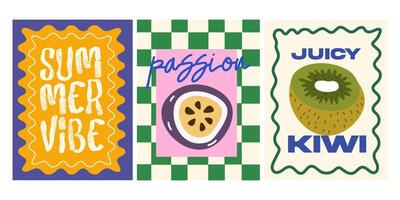 Design elements for home decor, greeting card. Summer posters in retro style. Kiwi, passion fruit vector