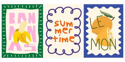 Abstract bright summer posters in retro style. Decor for wallpaper. Banana, lemon, summertime vector