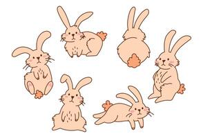 Set of Cute Fluffy Rabbits with Whiskers in Different Poses. Adorable Hand Drawn Bunny Illustrations. Playful Doodle Animals for Kids, Easter, Stickers, Prints, and Digital Projects vector