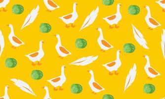 Seamless pattern of geese, cabbage and feathers on a yellow background.Elements for the design vector