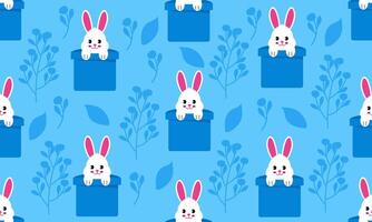 A bright pattern of plants and a bunny in a box on a blue background. An element for printing, postcards, posters vector