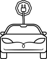 Black electric car icon with charging cable and plug, eco vehicle symbol, isolated silhouette on transparent background vector