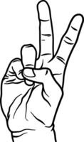 Black outline silhouette of a hand showing a peace or victory sign with two fingers up, isolated on white background. vector