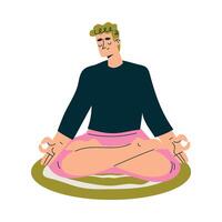 Meditation with Man Character on Mat Sitting in Lotus Pose Illustration vector