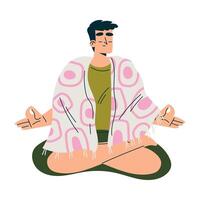 Meditation with Man Character Sitting in Lotus Pose Illustration vector