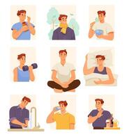 Man Character Supports Immunity Engaged in Healthy Lifestyle Set vector