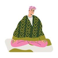 Meditation with Man Character Sitting on Mat in Lotus Pose Illustration vector