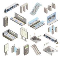 Isometric Metro Station Element Collection with Train, Escalator and Map Set vector