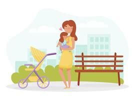 Mom Parent with Kid Walking in the Park with Stroller Enjoy Parenthood and Maternity Life Illustration vector