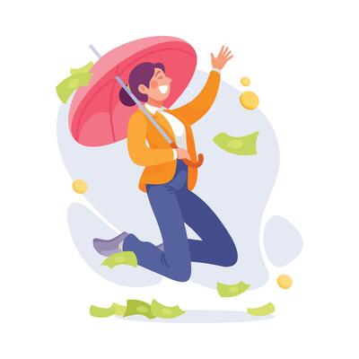 Rich Woman Character Jump with Umbrella Under Green Money Banknote Rain Illustration