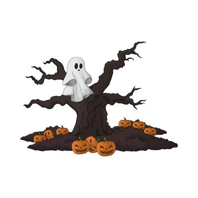 illustration of scary ghost in haunted tree