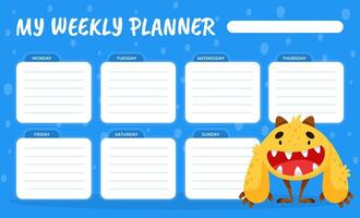 Weekly Planner with Funny Monster Character and Mutant with Friendly Face Template vector