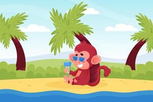 Cute Playful Monkey Character Sit on Beach with Cocktail Illustration vector