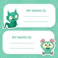 Name Tag with Funny Monster Character and Mutant with Friendly Face Template vector