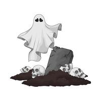 ghost in the graveyard with many skulls illustration vector