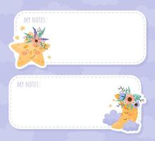 Note Card with Cute Moon and Star with Flowers and Pretty Face Template vector