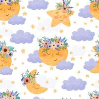 Cute Moon with Flowers and Pretty Face Seamless Pattern Template vector