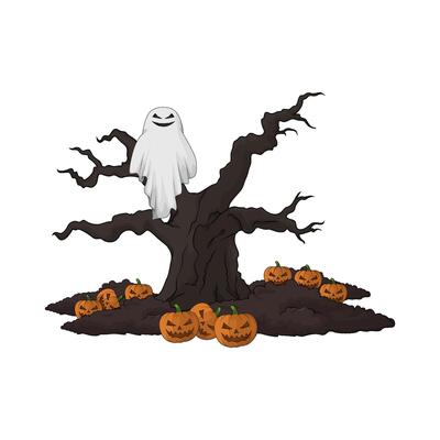 illustration of scary ghost in the haunted tree
