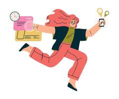 Multitasking Woman Character Doing Multiple Task on Smartphone App Illustration vector