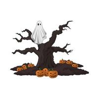 scary ghost in the haunted tree illustration vector