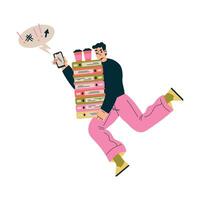 Multitasking Man Character Doing Multiple Task Carry Pile of Folder with Coffee Illustration vector