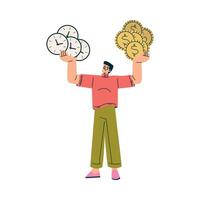Multitasking Man Character Doing Multiple Task Hold Clock and Dollar Coin Illustration vector