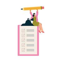 Multitasking Woman Character Doing Multiple Task Sit on Clipboard with Pencil Illustration vector