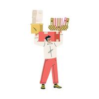 Multitasking Man Character Doing Multiple Task Carry Folder and Document Illustration vector