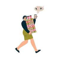 Multitasking Woman Character Doing Multiple Task Carry Pile of Folder with Coffee Illustration vector