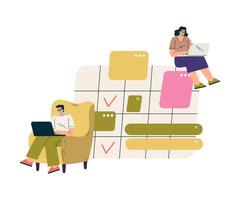 Multitasking Man and Woman Character at Laptop Doing Multiple Task Illustration vector