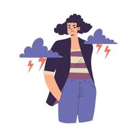 Negative Emotion with Woman Character with Cloud and Lightning Express Feeling Illustration vector