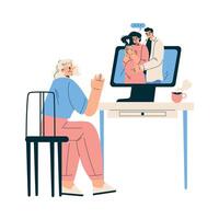 New Technologies with Senior Woman Character at Computer Have Call Illustration vector
