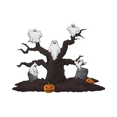 scary ghost in old tree illustration