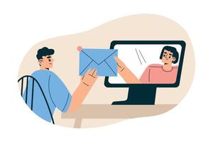 New Technologies with Man and Woman Character Share Message at Computer Illustration vector